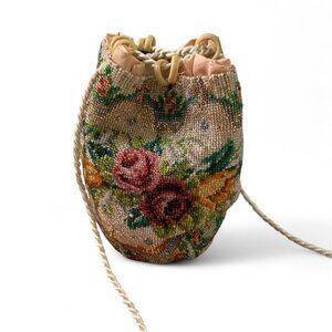 Antique Victorian Beaded Drawstring Purse Reticule Micro Beaded Floral Handbag